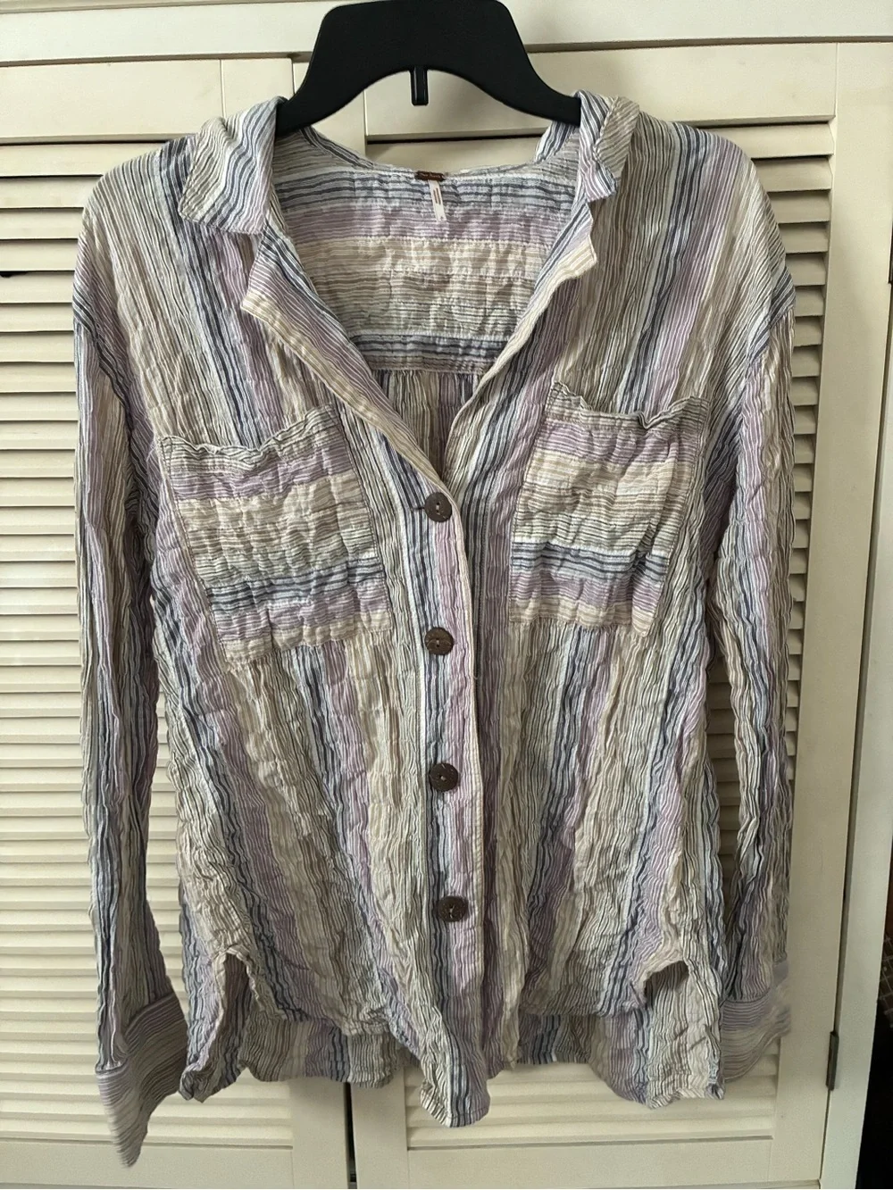 Free People Crinkle Striped Button-Down Shirt - Lavender & Cream